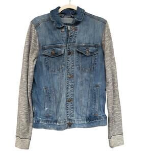 Hollister Jacket Mens Large Blue Denim Jean Trucker Knit Sleeves Stretch Casual